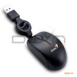 Mouse Genius MicroTraveler, USB, Black, 1200dpi, 3 butoane, cablu retractabil, NB mouse