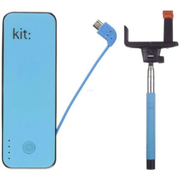 Kit Incarcator portabil universal "Fashion", 4500 mAh Selfie Stick extensibil cu control actionare shutter pe bluetooth si suport de telefon, Albastru