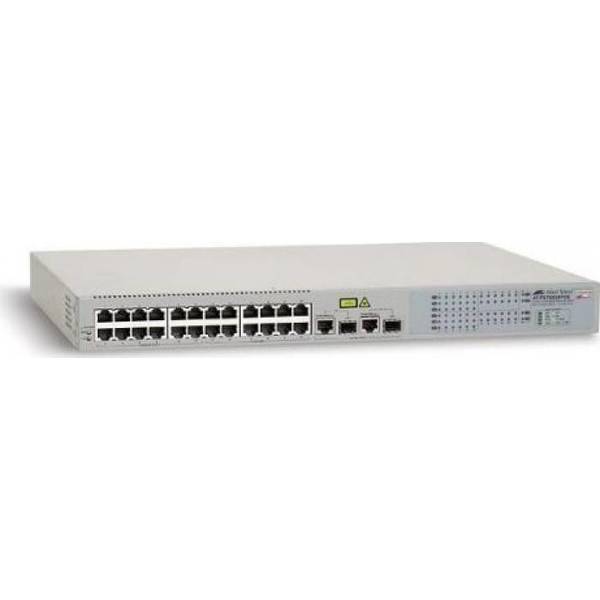 ALLIED TELESIS Switch 24 Port, POE, Fast Ethernet, 2 x Gigabit RJ-45, 2 x SFP Combo, Web based Smart, Rackmount,Non-blocking, 8K Mac Addresses, fanless, metal chassis, wall / 19” rack-mount brackets