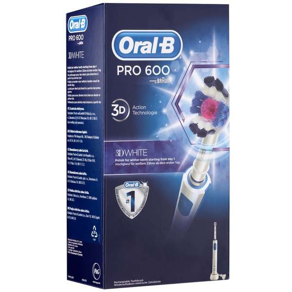 Periuta de dinti electrica Oral-B PRO 600 3D White, reincarcabila, curatare 3D, 1 program, 1 capat, Alb/Albastru