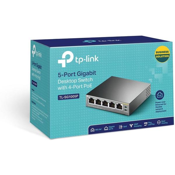 Tp-Link 5-Port Gigabit Desktop Switch With 4-Port Poe, Tl-Sg1005p, 5* 10/100/1000mbps Rj45 Ports, Auto Negotiation/Auto Mdi/Mdix, Standard: 802.3 Af Compliant, Backbound Bandwidth: 10gbps, Power Supply: 56w, Fanless