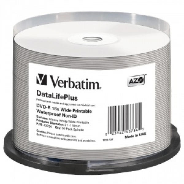 Blank Dvd-R Verbatim .Dl+ 16x 4.7gb 50pk Spindle Wide Glossy Waterproof Printable Surface Non-Id "43734"