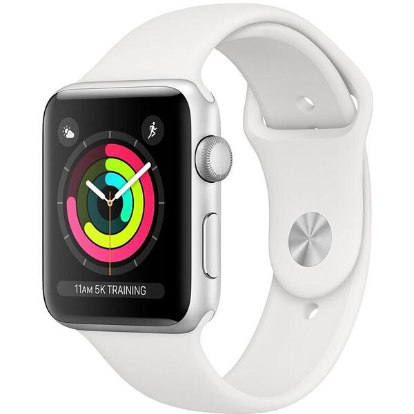 Apple Watch Series 3 GPS, 38mm, toc aluminiu argintiu, curea sport alb