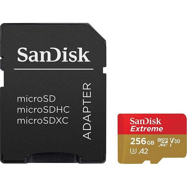 Card memorie SanDisk Extreme 256GB microSDXC + adaptor, Class 10, UHS-I, U3, V30, A2 (183507)