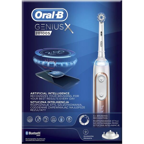 Periuta de dinti electrica Oral-B Genius X Sensi, 40000 pulsatii/min, 8800 oscilatii/min, Inteligenta artificiala, Curatare 3D, 6 programe, 1 capat, Bluetooth, Trusa de calatorie, Rose-Gold