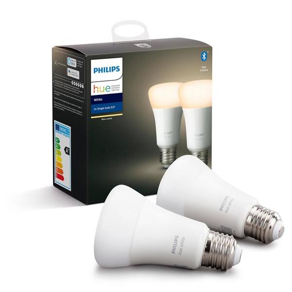 Set 2 becuri inteligente LED Philips Hue Ambianta alba/color, E27, 10W