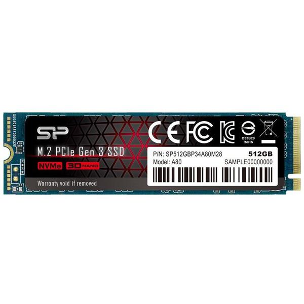 Silicon Power SSD P34A80 512GB, M.2 PCIe Gen3 x4 NVMe, 3400/3000 MB/s