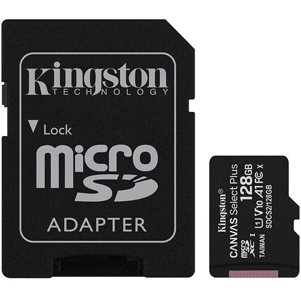 Card microSDXC Kingston Canvas Select Plus 100R, 128GB, cu adaptor, Clasa 10, UHS-I
