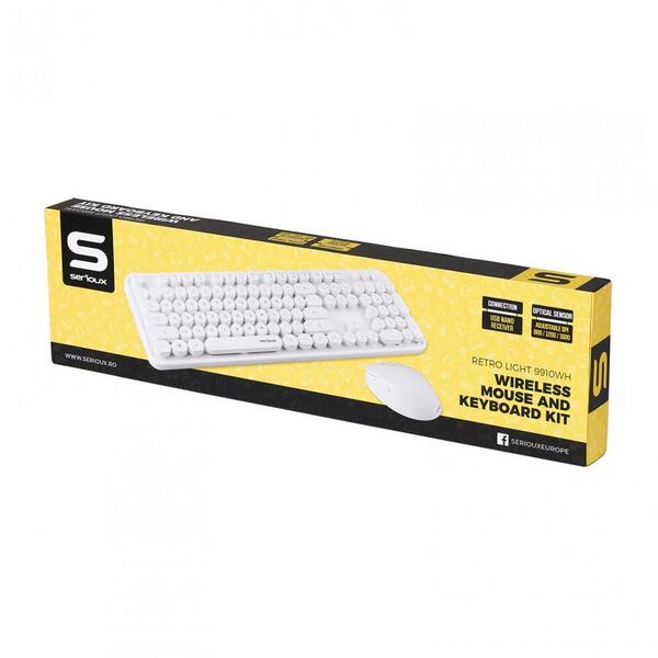 Kit tastatura + mouse Serioux Retro light 9910WH, wireless 2.4GHz, US layout, multimedia, mouse optic 800-1600dpi, USB, nano receiver, alb
