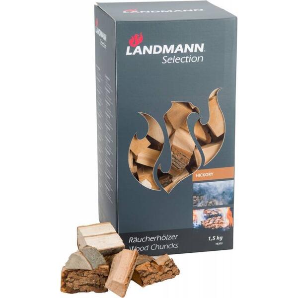 Landmann Bucati de lemn hichory pentru afumat ,1.5 kg,50-70 mm,timp indelungat de ardere de 10 minute,imbibate cu parafina