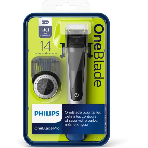 Aparat hibrid de barbierit si tuns barba Philips OneBlade Pro QP6520/20, Pieptene de precizie cu 14 lungimi, Stand, Husa, Acumulatori, Negru