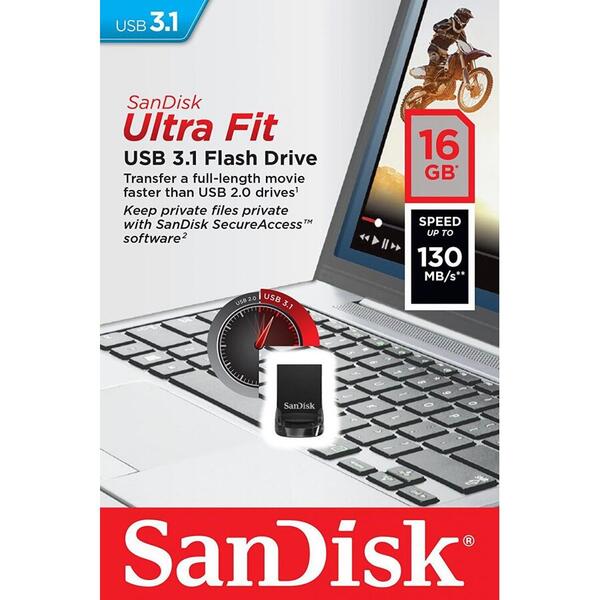Memorie USB SanDisk Ultra Fit 16 GB, USB 3.1, Negru