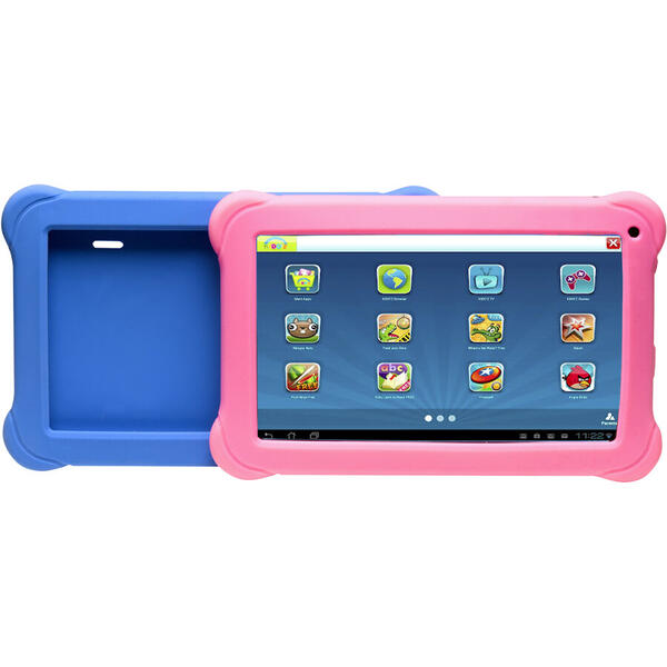 Tableta portabila pentru copii, Denver TAQ-70352K, Display 7" Quad-Core, 8GB, WiFi, Android 8.1, husa din silicon albastra si roz