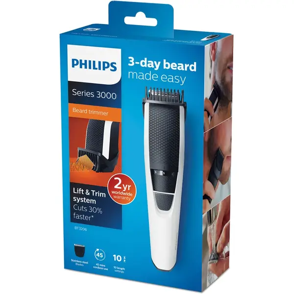 Aparat de tuns barba Philips BT3206/14, Lame din inox 0.5-10mm, Alb/Negru