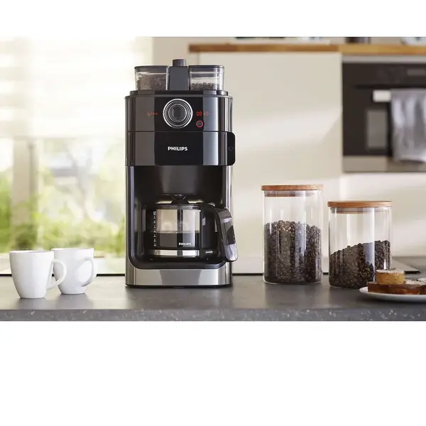 Cafetiera Philips Grind & Brew HD7769/00, 1000 W, vas de sticla, Rasnita de cafea integrata, cronometru, Negru/Metalic