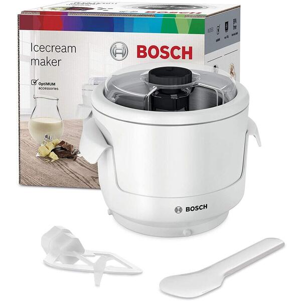 Mașină înghețată Bosch MUZ9EB1, Carcasă termoizolantă cu pereți dubli, Produce înghețată de casă, sorbet și înghețată din iaurt, Consistență perfectă, Produce max 550ml, Spatulă, Gata în 30min, Pentru gama MUM9