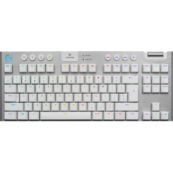 Tastatura mecanica gaming Logitech G915 TKL, Ultraslim, Lightspeed Wireless 2.4GHz&Bluetooth, Lightsync RGB, Switch Tactil, Alb