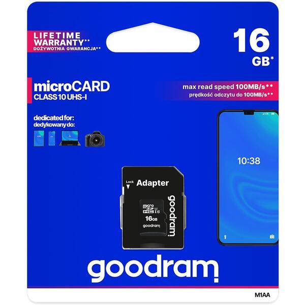 Card de memorie microSD Goodram 16GB,UHS I,cls 10 + adaptor, M1AA-0160R12