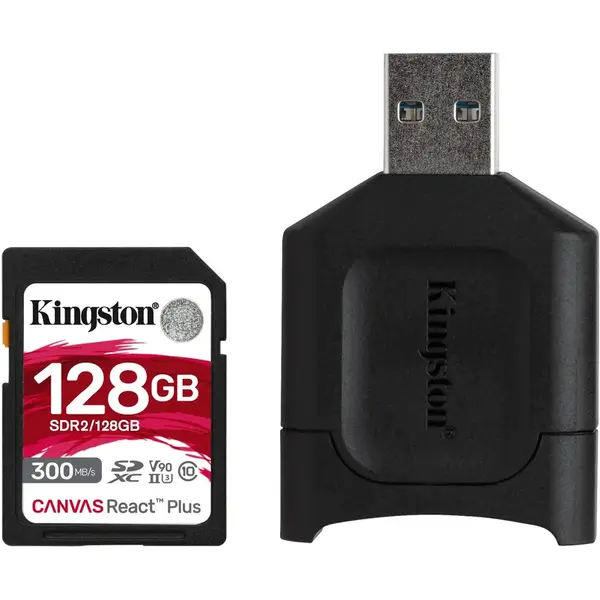 Card de memorie Kingston SDXC, 128GB, Class 10, UHS-II, U3, V90 + Cititor de carduri SD