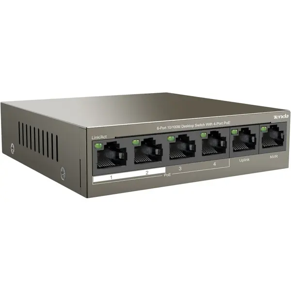 Switch desktop Tenda TEF1106P-4-63W cu 6 porturi 10/100Mbps, cu 4 porturi PoE, protectie fulger 6kV