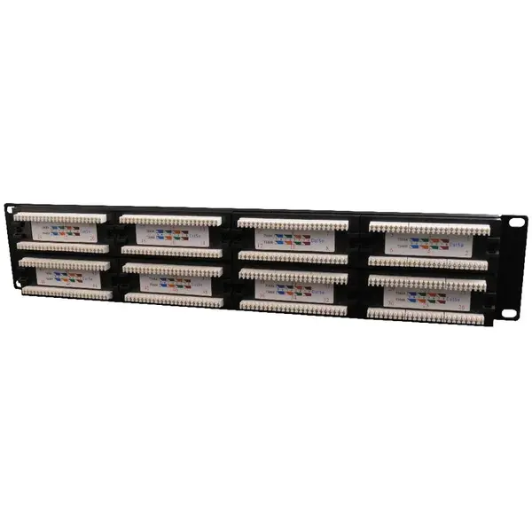 Patch panel Gembird 48 porturi, Cat5e, 2U pentru rack 19″, suport posterior pentru gestionare cabluri, Negru