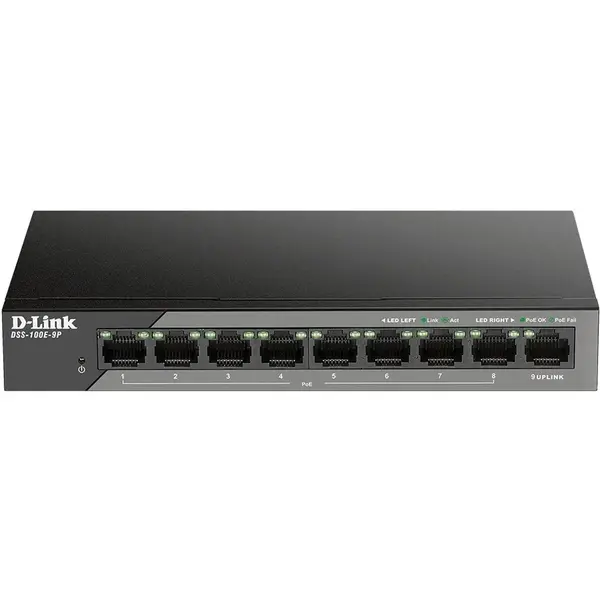 Switch PoE D-LINK Unmanaged DSS-100E-9P 8 porturi 10/100Mbps si 1 x Gigabit Uplink, 8 PoE, carcasa metalica