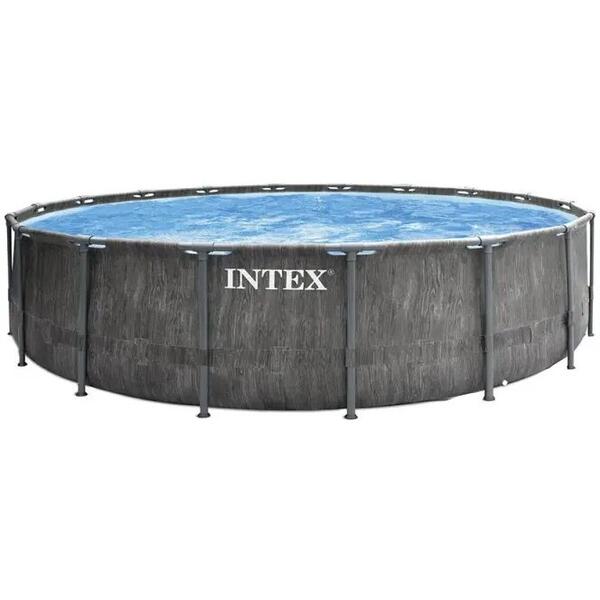 Set piscina supraterana demontabila Intex cu cadru metalic Prism Frame Premium Set, 549 x 122 cm, Grey Wood, cu pompa, filtru si scara incluse