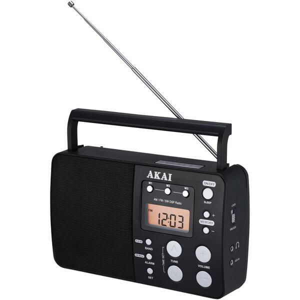 Radio portabil AKAI APR-200, ceas desteptator,AM/FM, Micro SD, negru