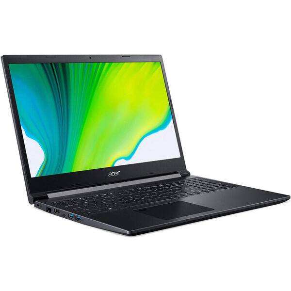 Laptop Acer Gaming 15.6'' Aspire 7 A715-75G, FHD IPS, Procesor Intel® Core™ i7-10750H (12M Cache, up to 5.00 GHz), 8GB DDR4, 1TB SSD, GeForce GTX 1650 Ti 4GB, No OS, Black