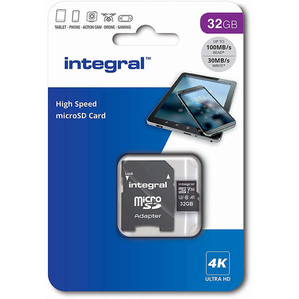 INTEGRAL 32GB High Speed microSDHC card V30 UHS-I U3 100/30
