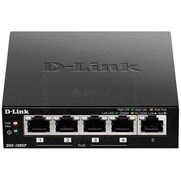 Switch cu 5 porturi D-Link DGS-1005P, 10 Gbps, 7.44 Mpps, 2.000 MAC, PoE, fara management