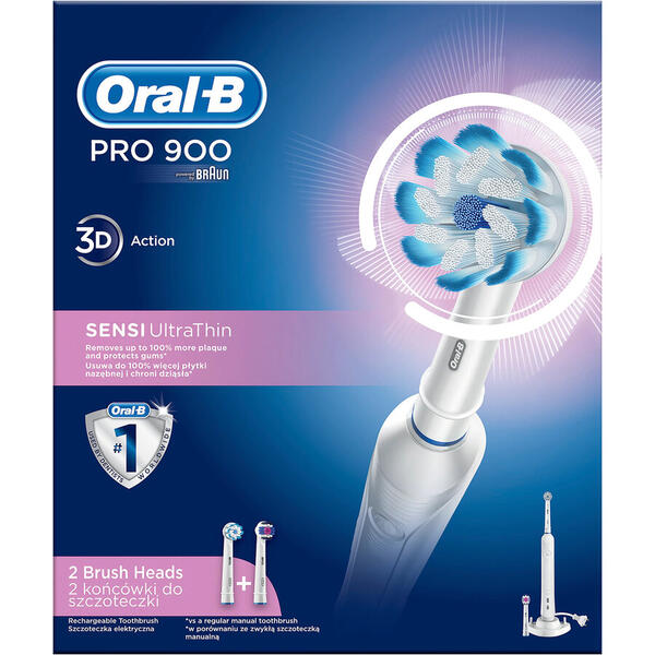 Periuta de dinti Oral-B PRO 900, electrica cu temporizator, 2 capete, cap Sensi, Alb