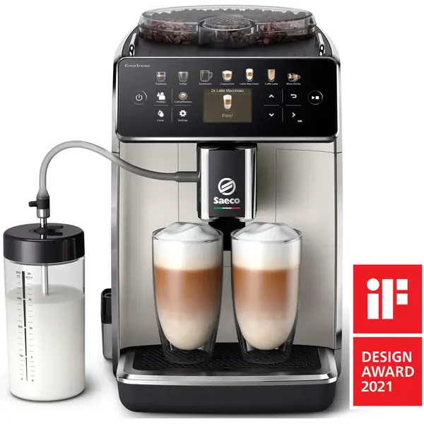 Espressor automat Saeco GranAroma SM6582/30, sistem de lapte Latte Duo, 16 bauturi, ecran TFT color, 6 profiluri utilizator, filtru AquaClean, rasnita ceramica, functie DoubleShot, Crem metalic