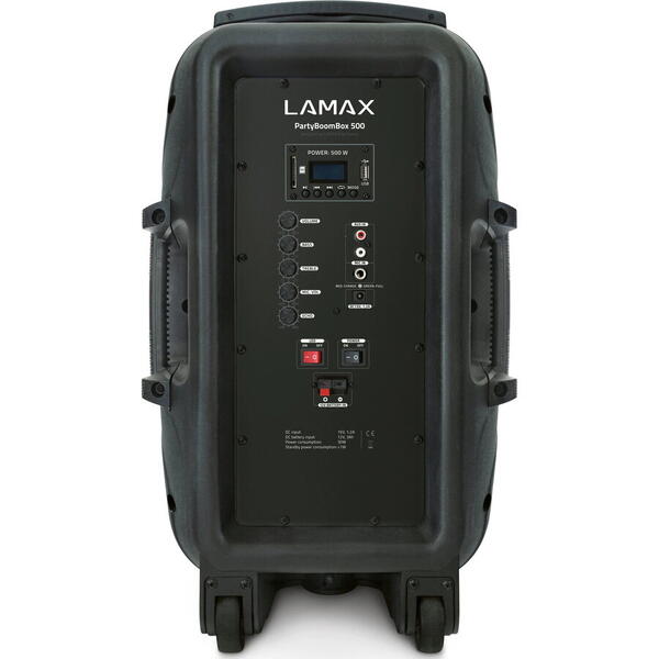 Difuzor Bluetooth LAMAX PartyBoomBox500, autonomie baterie de pana la 24 de ore, BT 5.0, card SD, AUX, intrare USB, TWS, rezistenta la apa IP54, iluminare LED, radio FM, microfon, Telecomanda
