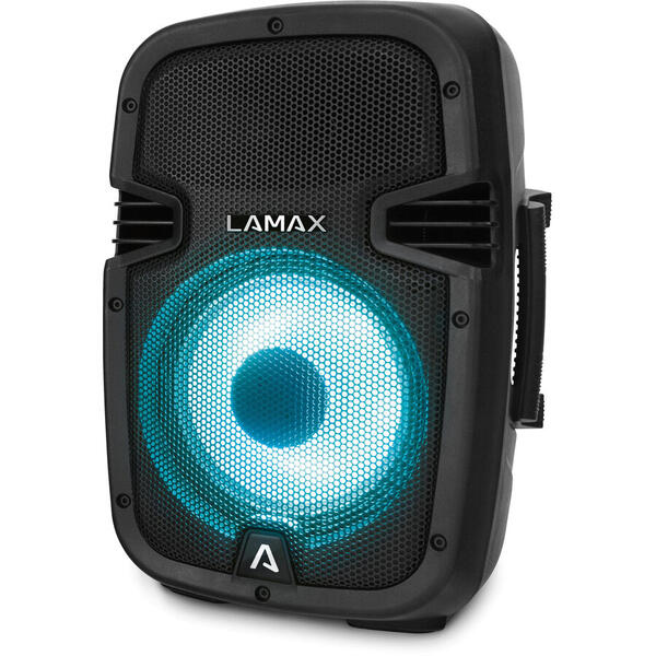 Boxa Bluetooth LAMAX PartyBoomBox300, pana la 16 ore de viata a bateriei, BT 5.0, card SD, AUX, intrare USB, TWS, rezistenta la apă IP54, iluminare LED, radio FM, microfon, telecomand