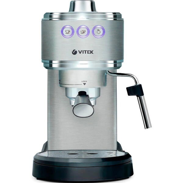 Espressor VITEK VT-1515, 1350W, Pompa italiana de la Ulka, Sistem cappuccino, espresso, 15 Bar, 1 l, Oprire automata, programarea cantitatii de portie de cafea, incalzire cesti, Inox
