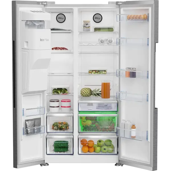 Side by side Beko GN162341XBN, 571 l, NeoFros Dual Cooling, Dozator apa/gheata, Raft sticle, Touch control, HarvestFresh, Compresor Inverter, Clasa E, H 179 cm, Metal Look