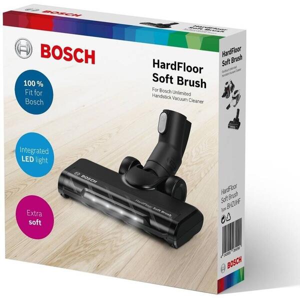 Perie motorizată BOSCH HardFloor Soft Brush BHZUHF - 17006340, Special concepută pentru curățarea pardoselilor dure precum parchet și gresie, LED-uri integrate, Pentru gamele Unlimited 6 și 8, 650g, Neagră