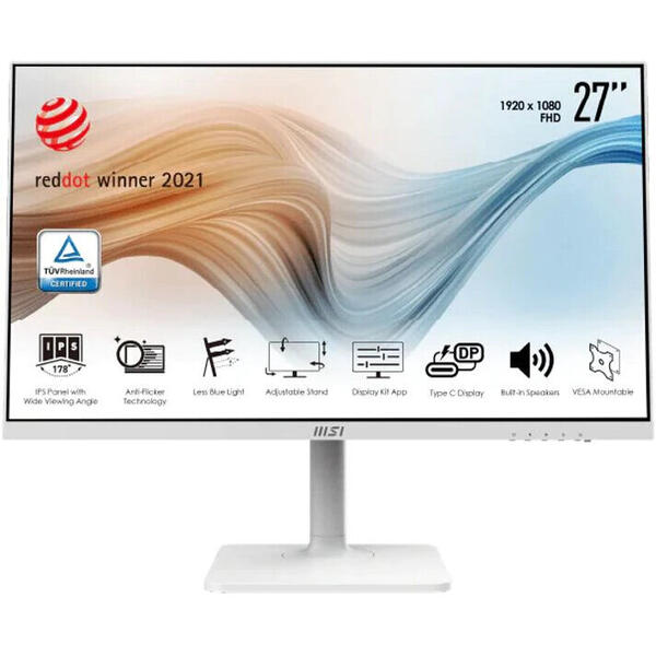 Monitor MSI Modern MD271PW, IPS, 27 inchi, Full HD, 1920x1080, 75Hz, USB-C, HDMI, Alb