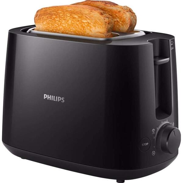 Prajitor de paine Philips HD2581/90, 830 W, 2 felii, 8 setari rumenire, Grill, Functie reincalzire si dezghetare, Negru