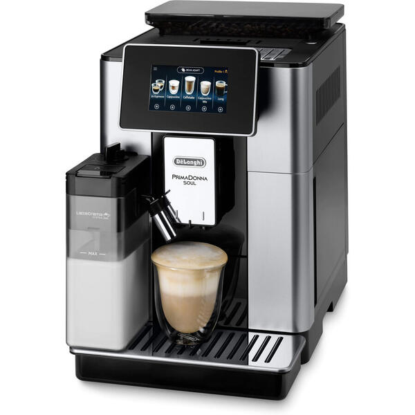 Delonghi Espressor automat De’Longhi PrimaDonna SOUL ECAM 610.55.SB, Carafa pentru lapte, Sistem LatteCrema, Rasnita cu tehnologie Bean Adapt, Coffee Link App, 1450W, 19 bar,2.2 l, Negru - Argintiu