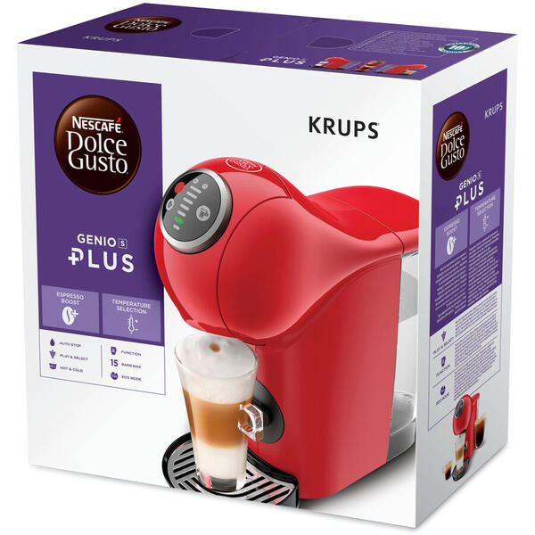 Espressor cu capsule Krups Genio S KP340531, 1500 W, 15 bar, indicator NDG Play&Select, functie espresso boost, 30 de retete, functie XL 300ml, rezervor 0.8L,Rosu