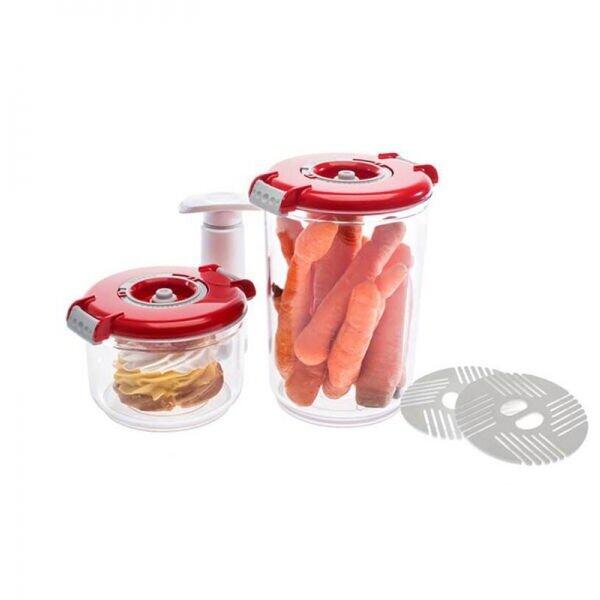 Set de caserole vacuum rotunde Status Round format din 2 recipiente de plastic, două tăvițe separatoare și o pompă manuală, Roșu