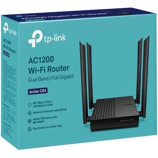 Router wireless TP-Link Archer C64, AC1200, MU-MIMO, 4 antene Wi-Fi