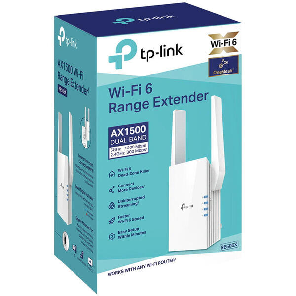 Range Extender TP-Link RE505X Wi-Fi 6 Dual-Band Gigabit AX1500, tehnologie OneMesh, Adaptive Path, Mod High Speed, Mod Access Point, Alb
