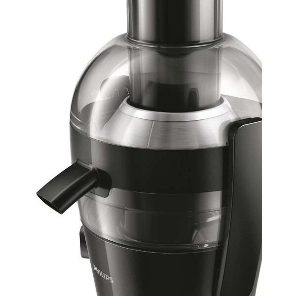 Resigilat: Storcator fructe Philips Viva Collection HR1855/70, putere 700W, capacitate recipient suc 0.8 litri, capacitate recipient pulpa 1.2 litri, 1 treapta de viteza, tub XL, culoare negru