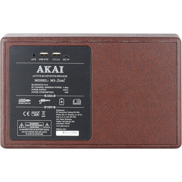 Boxa portabila activa Akai, M3-SOUL, 20 W, Bluetooth 5.0, autonomie 15 ore, Maro
