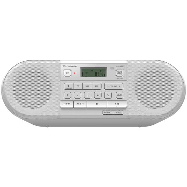 Radio portabil Panasonic RX-D550E-W, 20W, Bluetooth, CD, USB, Tuner FM, Alb