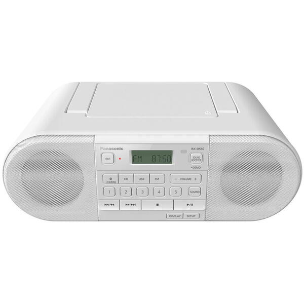 Radio portabil Panasonic RX-D550E-W, 20W, Bluetooth, CD, USB, Tuner FM, Alb