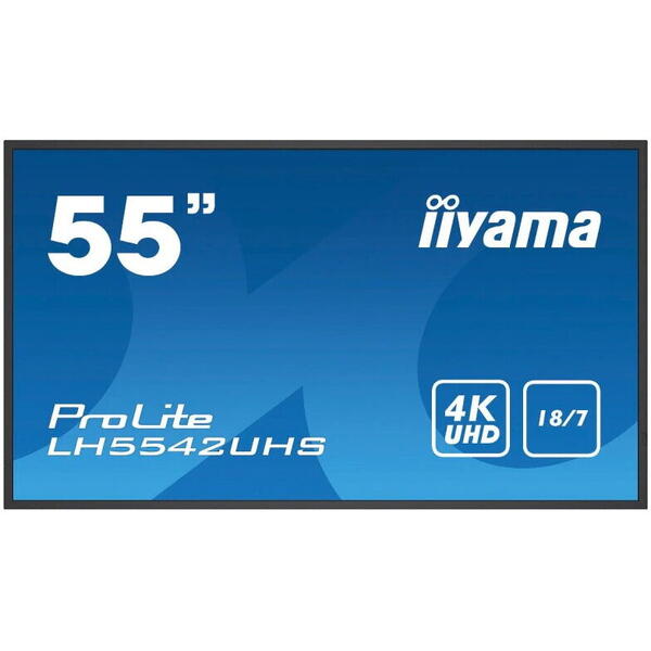 Monitor DigitalSignage Iiyama ProLite LH5542UHS-B3 55", 4K, IPS, 18/7, Android, Intel® SDM, eshare, iisignage, Negru